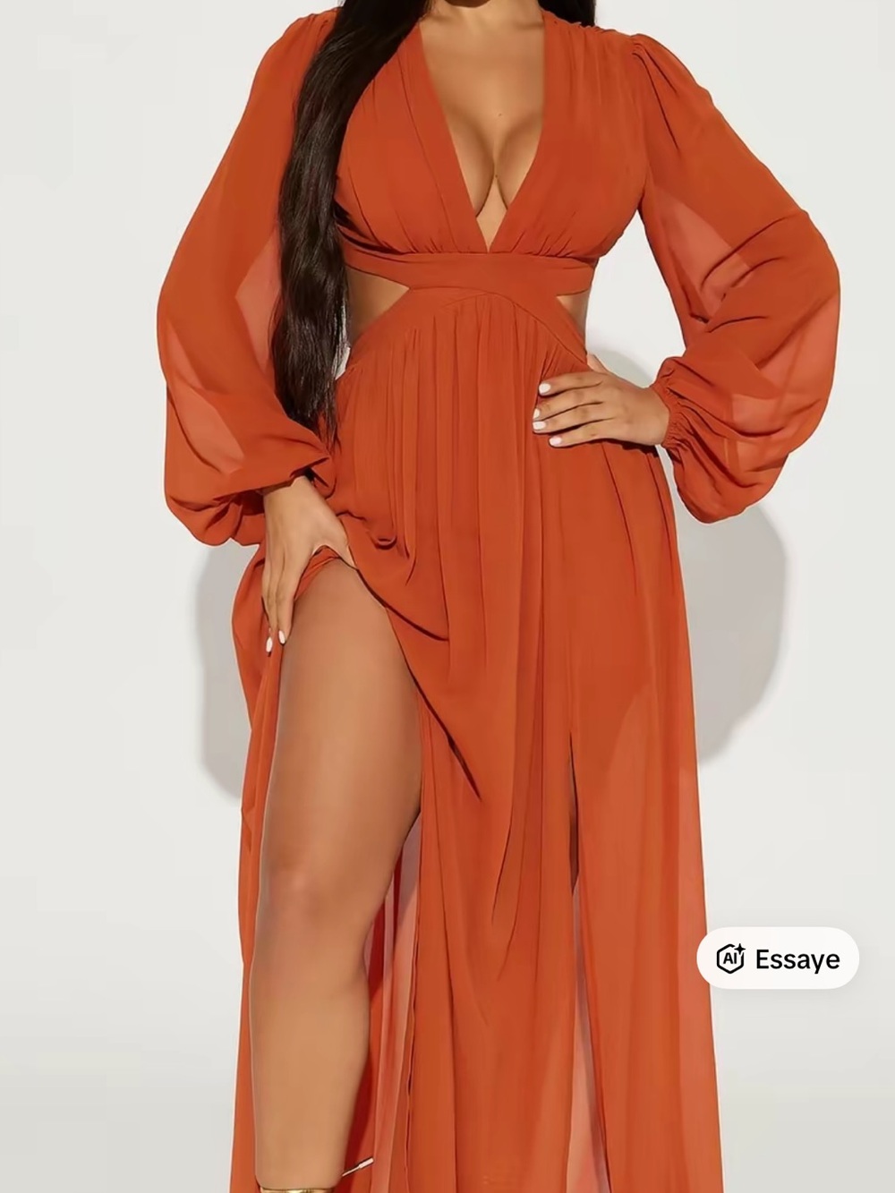 Rust Orange Plunge Maxi Dress with Balloon Sleeves